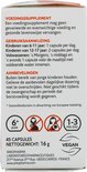 Witte verpakking met informatie over voedingssupplementen. Bevat iconen voor 6+ jaar, 1-3 per dag, en vegan.