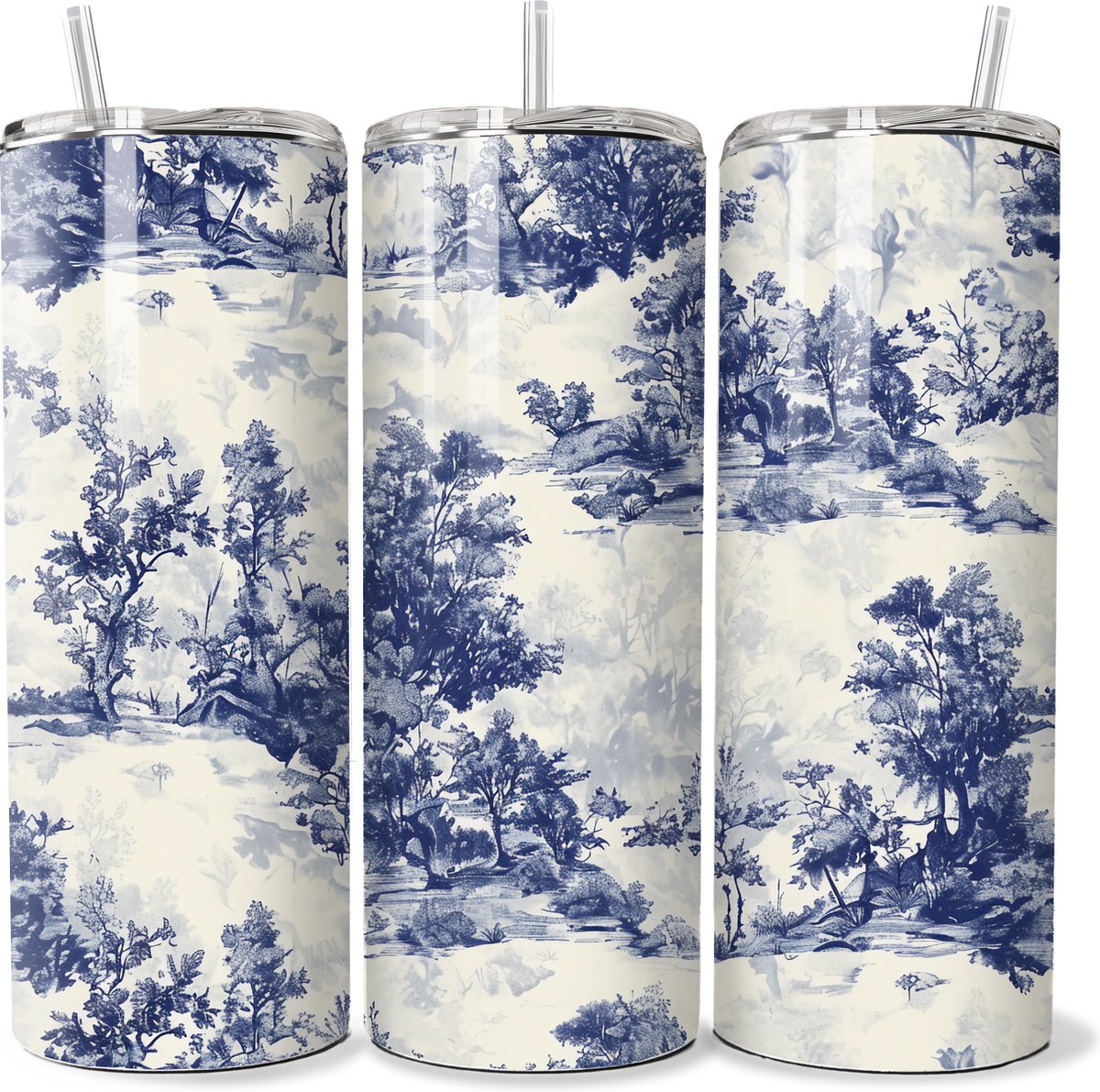 KadoDash - Tumbler - Isolatiebeker - Rietjesbeker - Thermosfles - Frans Blauw Toile Fleurie Tumbler