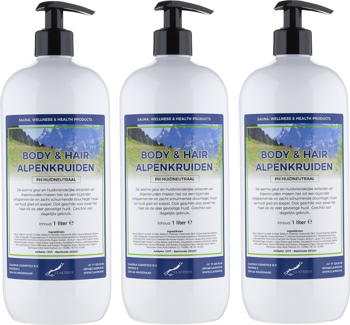 Goedkoopste Body & Hair Alpenkruiden 1 liter - set van 3 stuks - met gratis pomp - 2 in 1 voor lichaam en haar.