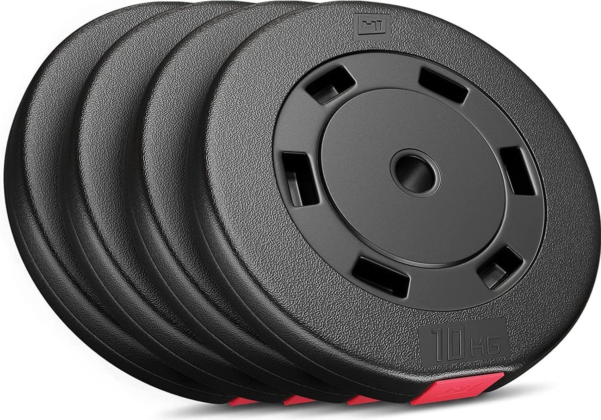Hop-Sport Halterschijven Set 40 kg – 4 x 10 kg Kunststof Gewichten met 30 mm Boring