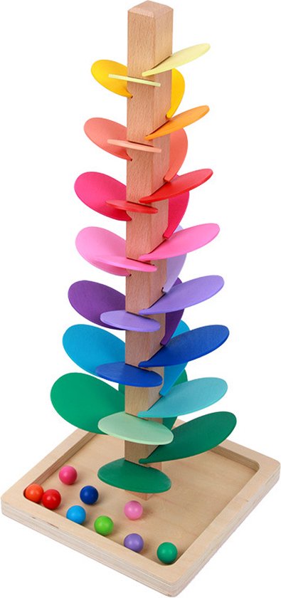 Magneetfeest - Houten Knikkerbaan - 72cm - Knikkertoren - Montessori - Marble Run - Regenboog - Muziek