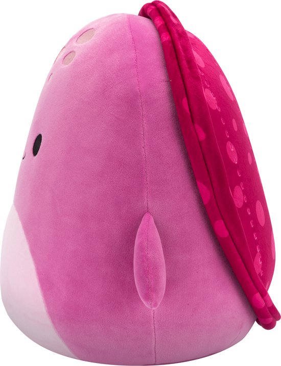 Zij aanzicht van een roze zeeschildpad knuffel met een gestippelde rode rug.