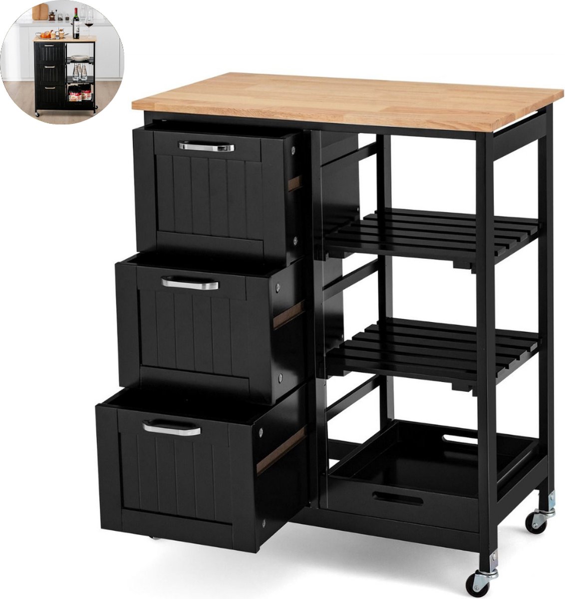 Bol.com Keukeneiland - Verplaatsbaar - Keukenkast - Dressoir - Organizer - Kasten - Houten Werkblad - Lade - Zwart aanbieding