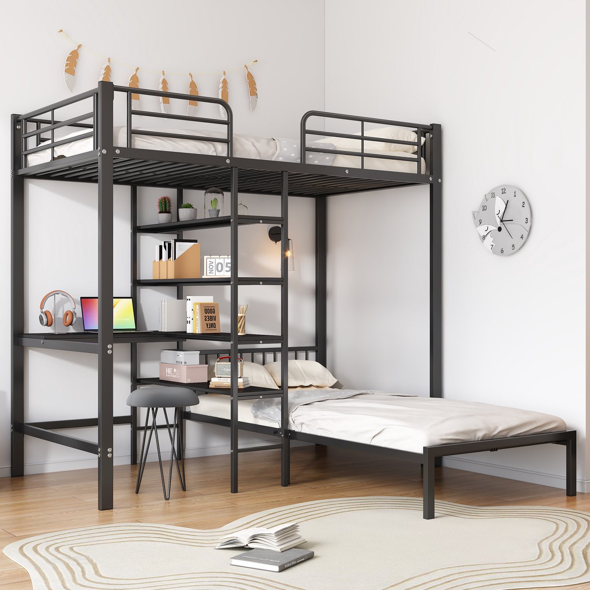 Ijzeren stapelbed 90x200cm - met glijbaan en veiligheidsrails - Zwart Ijzeren stapelbed 90x200cm - met glijbaan en veiligheidsrails - Zwart