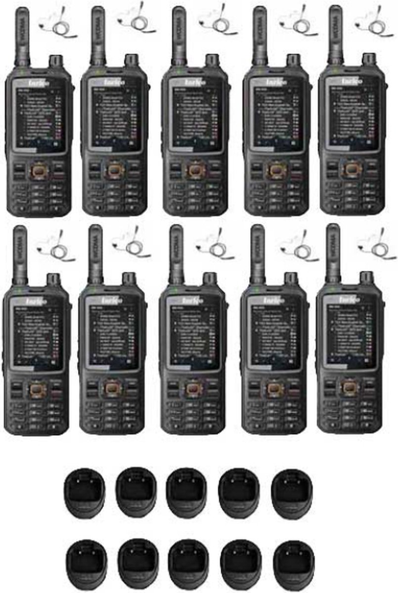 Set van 10 Inrico T320 V2 4G LTE Zello Portofoon, GPS, Wifi met tafellader en beveiliging oortje