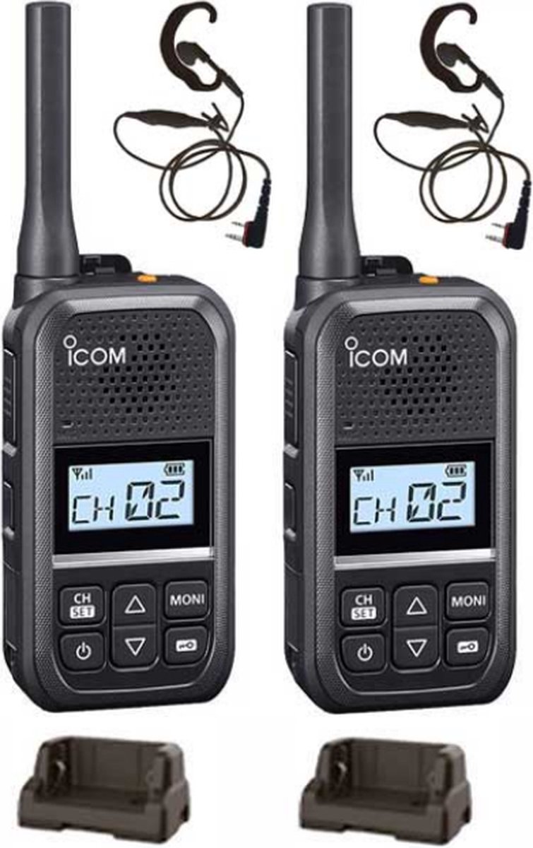 Set van 2 Icom IC-U20SR IP54 mini Portofoon met tafel lader en C-ring oortje
