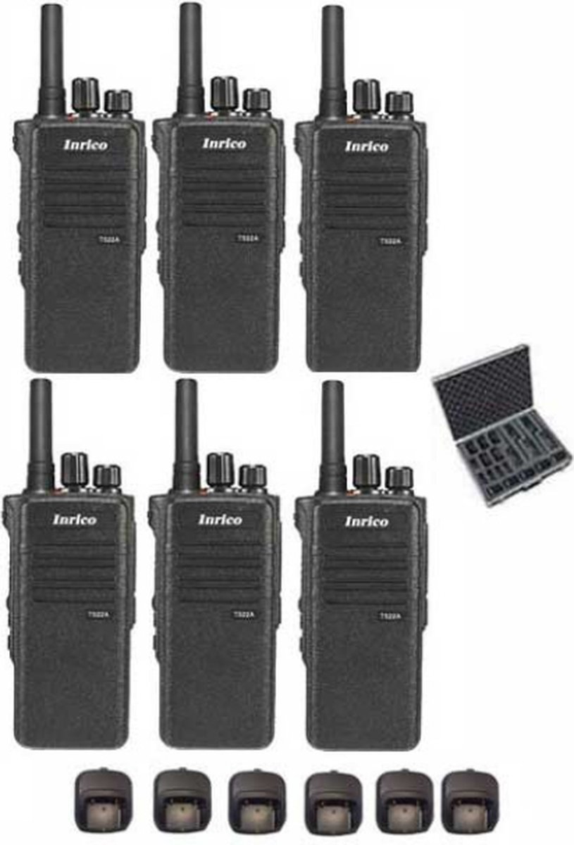 Set van 6 Inrico T522A IP66 4G LTE POC Zello Portofoon K1 2-Pins met koffer