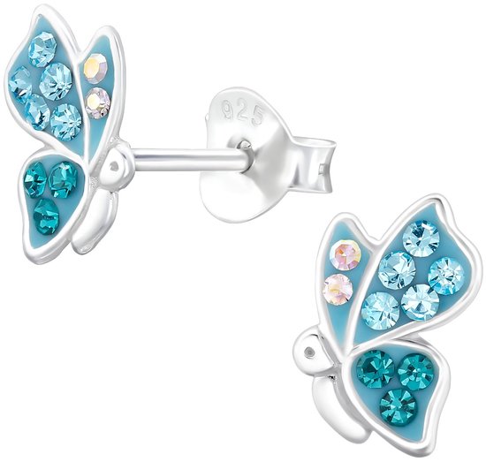 Joie|S - Boucles d'oreilles papillon en argent - 5,6 x 8,6 mm - bleu turquoise avec cristaux - boucles d'oreilles enfant