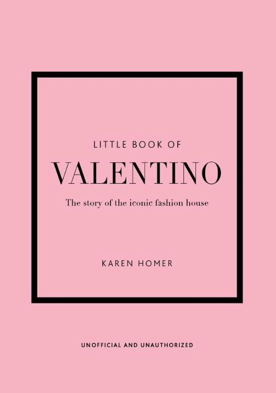 Roze boekhoes met zwarte rand en de tekst 'Little Book of Valentino' door Karen Homer.