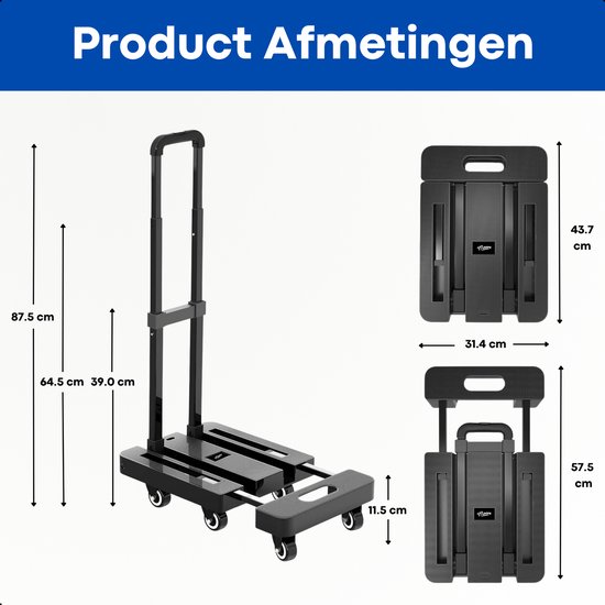 Moeve Steekwagen - Stevig, licht en volledig opvouwbaar - Inklaapbaar - Draagvermogen 225kg - Transportkar - Steekkar - Transportwagen - Plateauwagen - Zwart