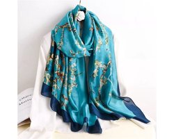 Premium Grote Zijden Sjaal - Bloemenprint - Blauw - Groen - Multi Kleur - Stola - Luxe Shawl - omslagdoek