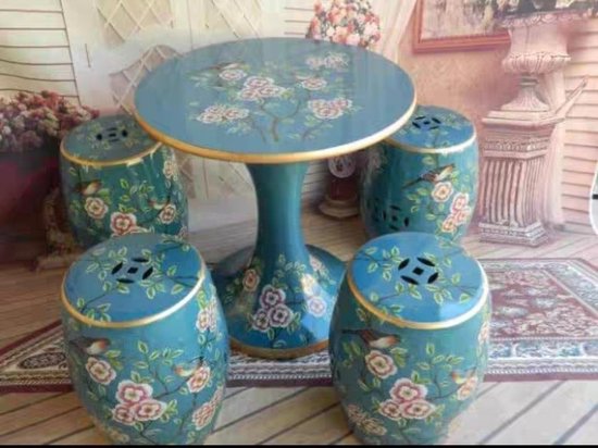 Fine Asianliving Keramische Kruk Table Set Blue Flowers Handmade - Azelaine Keramiek Bijzettafel Porselein Stoel Tuinkruk