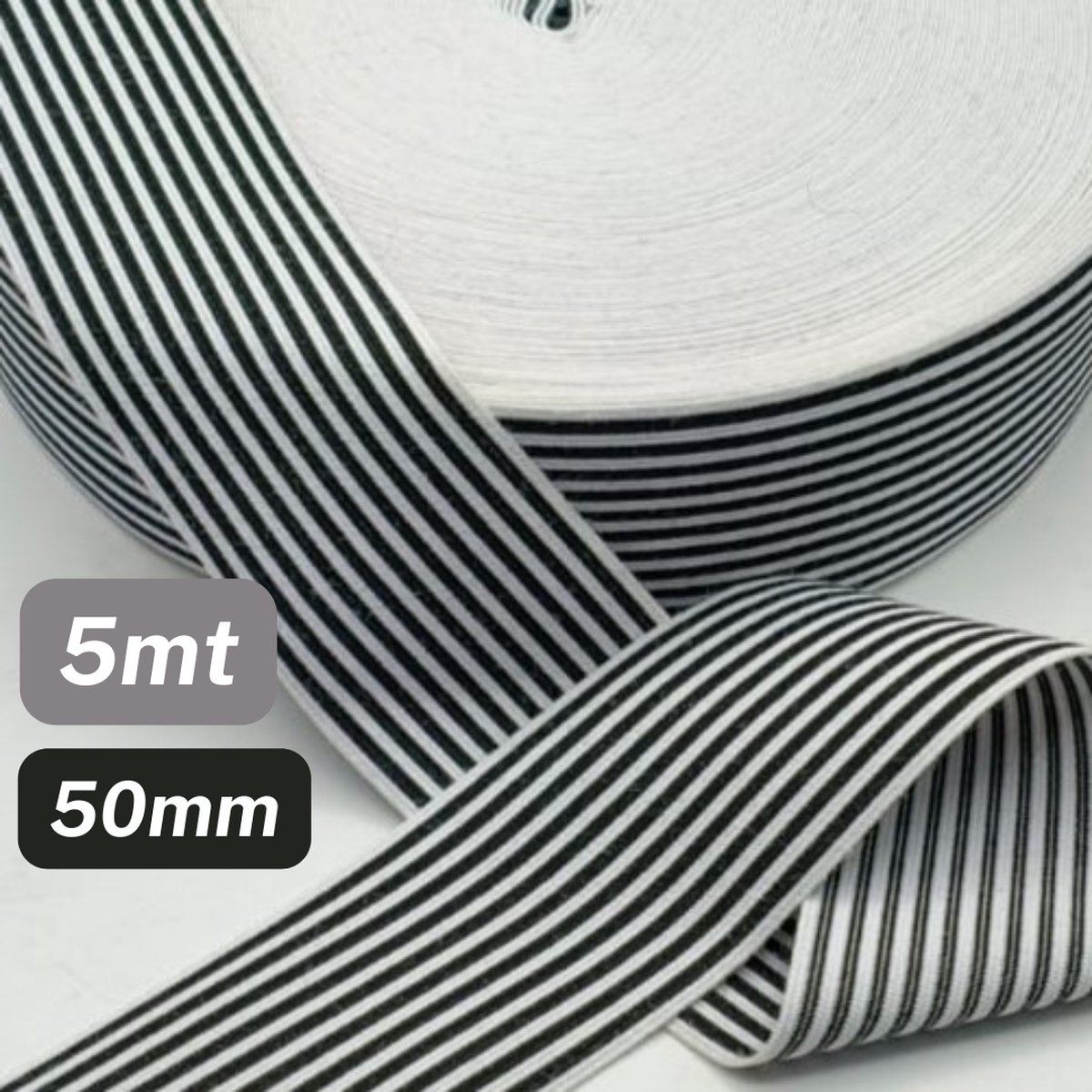 5 Meter TAILLEBAND ELASTIEK, Breedte 50MM, Kleur ZWART / WIT