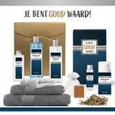 Geschenkset "Je Bent Goud Waard" - 9 Producten - 1275 Gram | Luxe Cadeaubox voor hem - Wellness Pakket Man - Speciaal voor jou - Gift - Bedankt Topper - Giftset Vriend - Vader - Cadeaupakket Collega - Cadeau Broer - Vaderdag - Papa - Blauw - Goud
