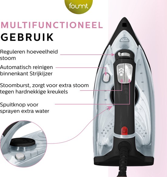 Gedetailleerd bovenaanzicht van een zwart en doorzichtig stoomstrijkijzer, met pijlen die functies aangeven.