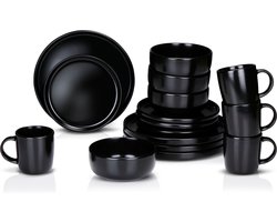 alpina Serviesset 4 Persoons - Aardewerk Servies 16-Delig - Bordenset met Ontbijtborden, Dinerborden, Kommen en Mokken - Servies Set Magnetron en Vaatwasser Bestendig - Zwart