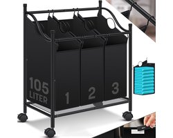 Wasmand 3 Vakken - Wassorteerder - Wasmand met Wielen - Zwart