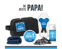 Geschenkset "De beste papa" - 5 Producten - 800 Gram - Triomf Cosmetica | Toilettas zwart Giftset man Vader Verjaardag Vaderdag Cadeau Set Sterkste Winnaar Eerste plaats Allerbeste Topper Douchegel Bodylotion Styling gel pakket Nummer 1 Blauw