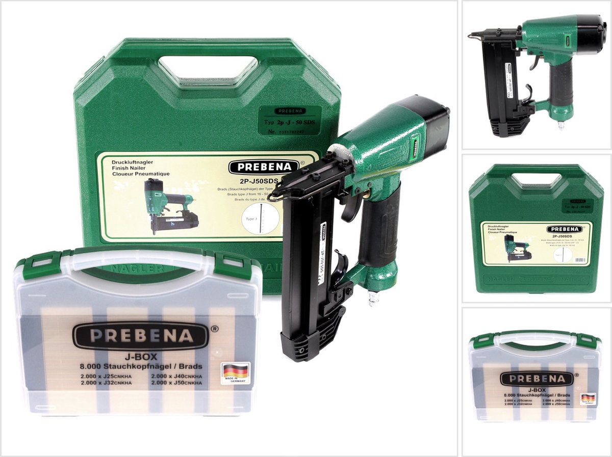 Prebena 2P-J50SDS luchtdruk spijkermachine 5-7 bar in transportkoffer + Prebena J-BOX 8.000 spijkers met platte kop