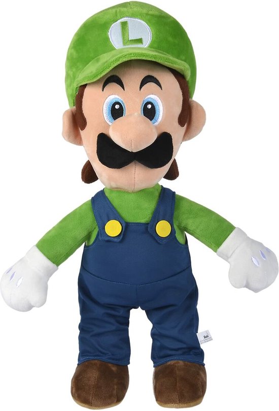 Luigi knuffel met groene pet, blauwe overall, witte handschoenen en bruine schoenen.