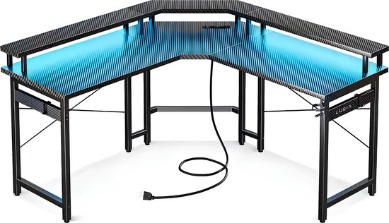 Bureau de Gaming Lugia Pro - Bureau d'angle en forme de L - 130 cm x 78 cm x 48 cm - Lumières LED - Résistant aux rayures - Support pour moniteur - Prise de courant - Bureau de Gaming