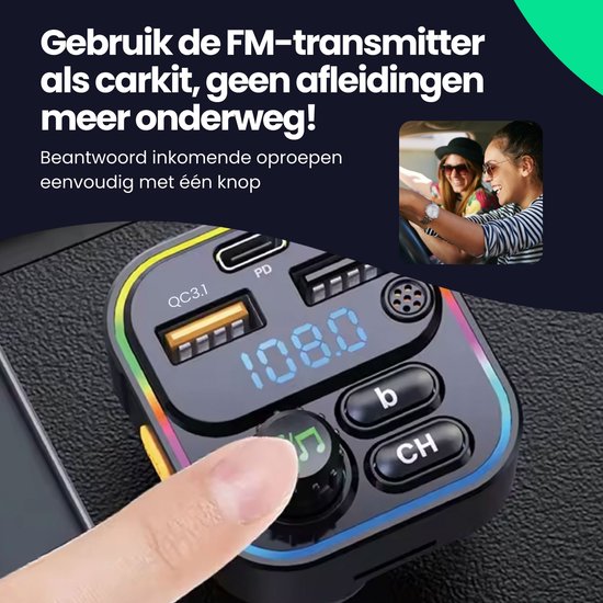 Transmetteur FM Siltcon® Bluetooth – Transmetteur Bluetooth - Chargeur USB-C 22,5W - Kit voiture - USB-A - Carte SD - BT 5.3 - Modèle 2024