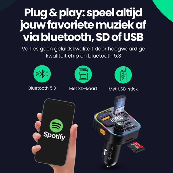 Transmetteur FM Siltcon® Bluetooth – Transmetteur Bluetooth - Chargeur USB-C 22,5W - Kit voiture - USB-A - Carte SD - BT 5.3 - Modèle 2024