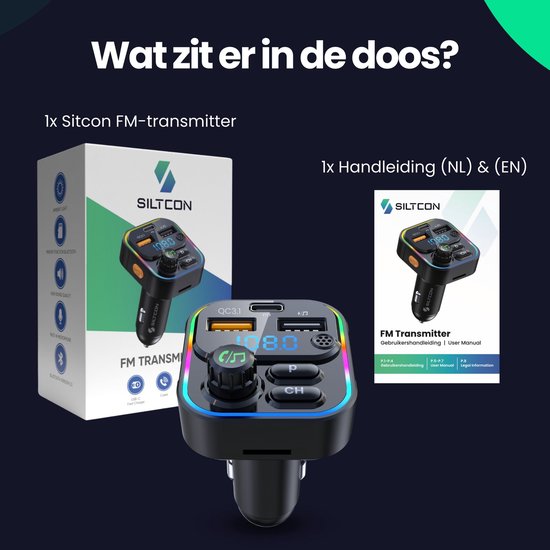 Transmetteur FM Siltcon® Bluetooth – Transmetteur Bluetooth - Chargeur USB-C 22,5W - Kit voiture - USB-A - Carte SD - BT 5.3 - Modèle 2024