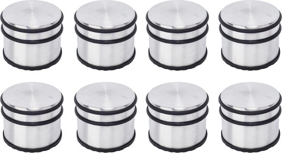 Set van acht cilindrische RVS deurstoppers met zwarte rubberen ringen.