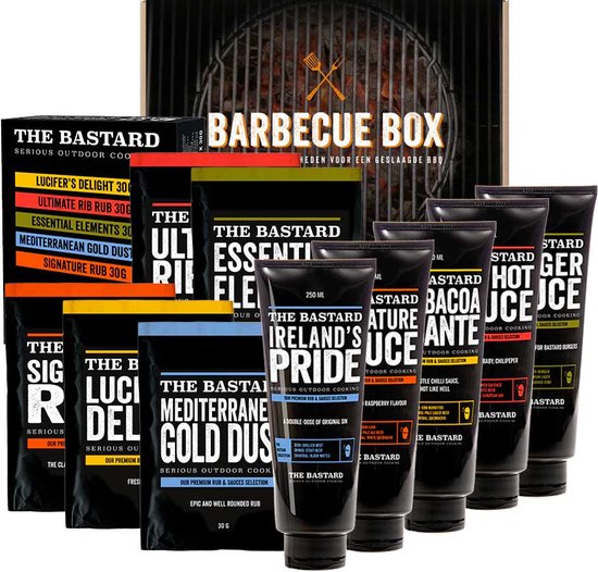 Foto: Barbecue pakket met alle sauzen en rubs van the bastard bbq pakket cadeau