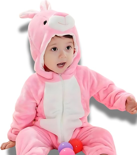 BoefieBoef Konijn Roze Dieren Onesie & Pyjama voor Peuters en Kleuters - Kinder Verkleedkleding - Dieren Kostuum Pak