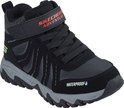 Grijze en zwarte wandelschoen met rode accenten en een klittenbandsluiting met 'SKECHERS ADVENTURE'.