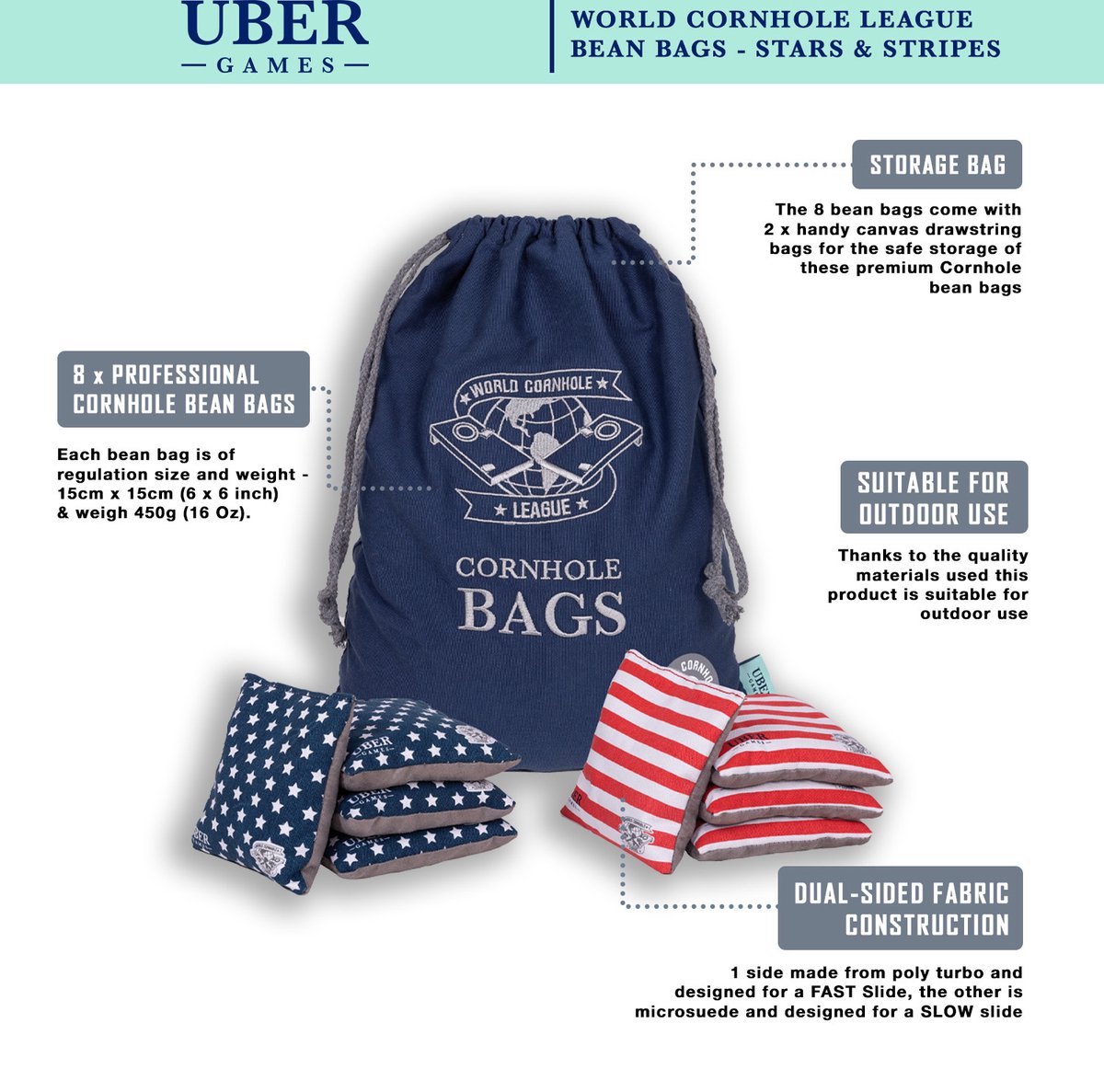 World Cornhole League - 8 Bean Bags - Slow & Fast side - in luxe Tas - Profi - USA vlag design
