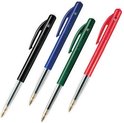 Zwarte, blauwe, groene en rode BIC balpennen met zilveren punten.
