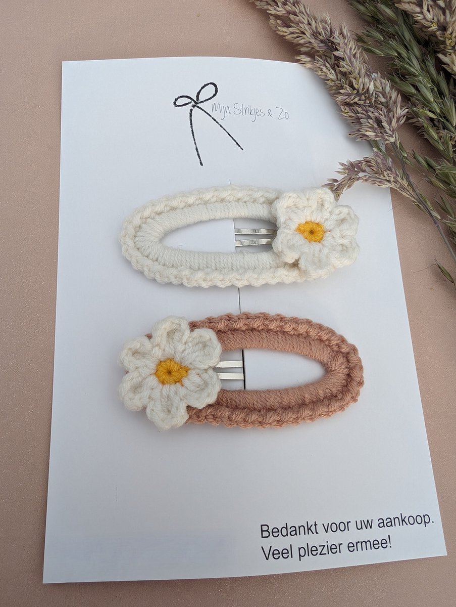 haarspeld 6 cm Gehaakte haarspelden Madelief bruin wit bloemen