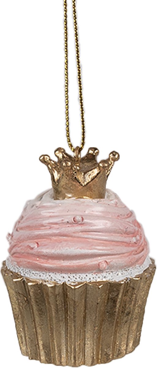 Roze polyresin kersthanger cupcake met een diameter van 4 bij 6 cm van Clayre & Eef.