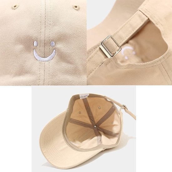Casquette Baseball Coton Smiley - Réglable 54-62cm, Bordure 10cm, 6 Trous Aération, Unisexe (noir/beige)