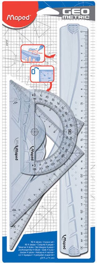 Foto: Geometric kit met 2 driehoeken 21 cm 30 cm liniaal en 1 gradenboog