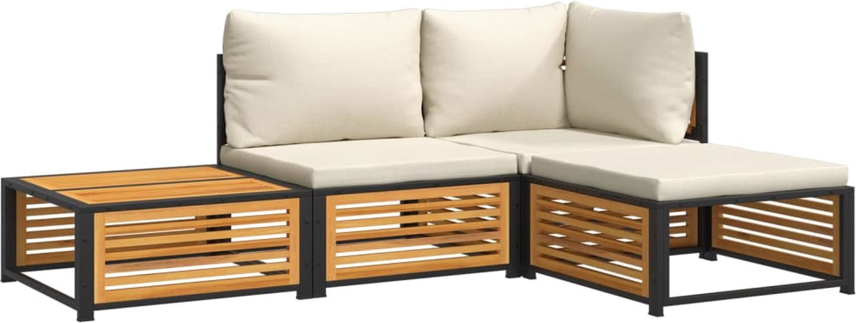 vidaXL 4-delige - Loungeset - met - kussens - massief - acaciahout crèmewit