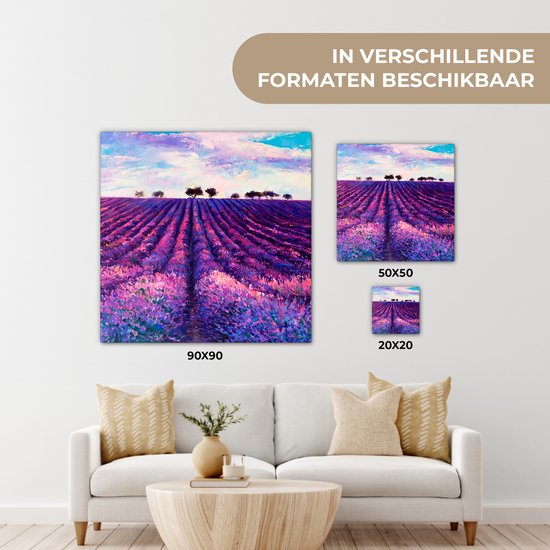 Toile - Huile - Fleurs - Lavande - Peinture - Violet - 90x90 cm - Décoration murale - Intérieur