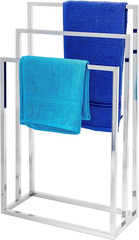 Relaxdays handdoekenrek, 3 stangen, met plank, staal, HxBxD: 83,5 x 57,5 x 25,5 cm, handdoekhouder vrijstaand, zilver