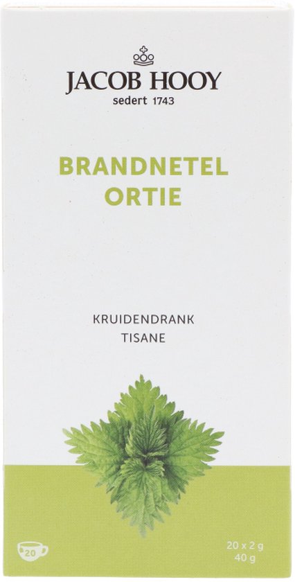 Jacob Hooy Brandnetel, kruidendrank, met afbeelding van een brandnetelblad.