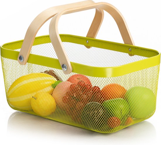RVS picknickmand fruitmandje boodschappen winkelmandje met houten hengsel (40x25x18,5cm) licht groen