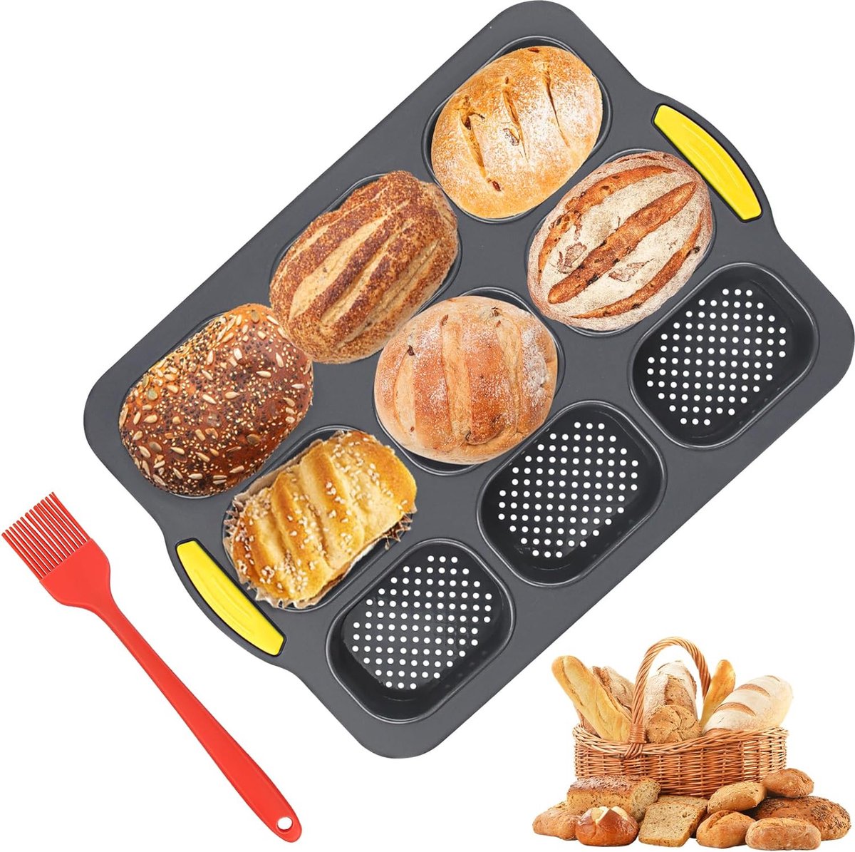 Siliconen bakvorm, stokbrood bakvorm met 9 gaten, anti-aanbak siliconen vorm bakvormen, siliconen bakvorm lade voor brood, broodjes (zwart