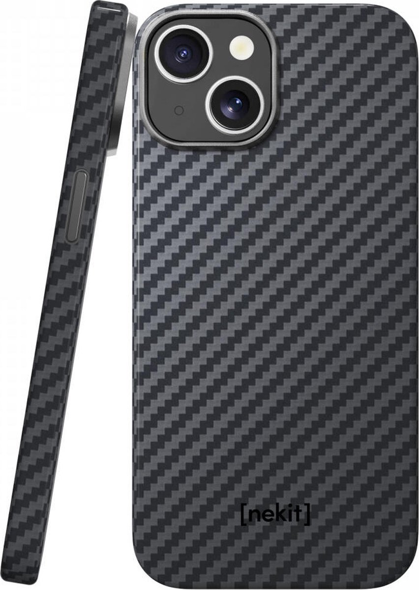 NEKIT Fiber Hoesje Geschikt voor Apple iPhone 15 - Compatibel met MagSafe - Kevlar Aramidevezels 1500D - Back Cover Ultra Dun - Grijs/Zwart