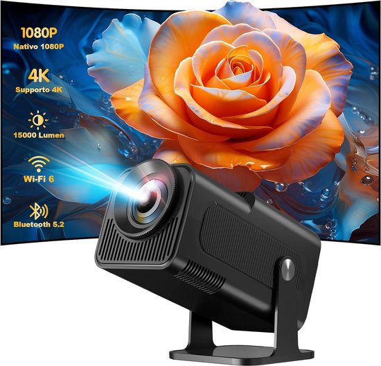 Mini 4K Projector 1080p Native Full HD Android 11 WiFi 6 Bluetooth 5.2 500 ANSI Lumen 180° Rotatie