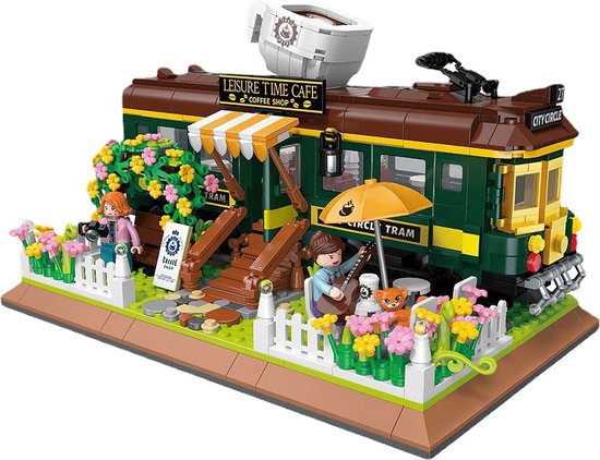 Foto: Zhe gao trein cafe bouwset treinstation architecture classic creator modulaire city huis met 4 minifigures bloemen technische gebouwen speelgoed voor kinderen en volwassenen 1081 bouwstenen niet compatibel met mould king of lego stenen 