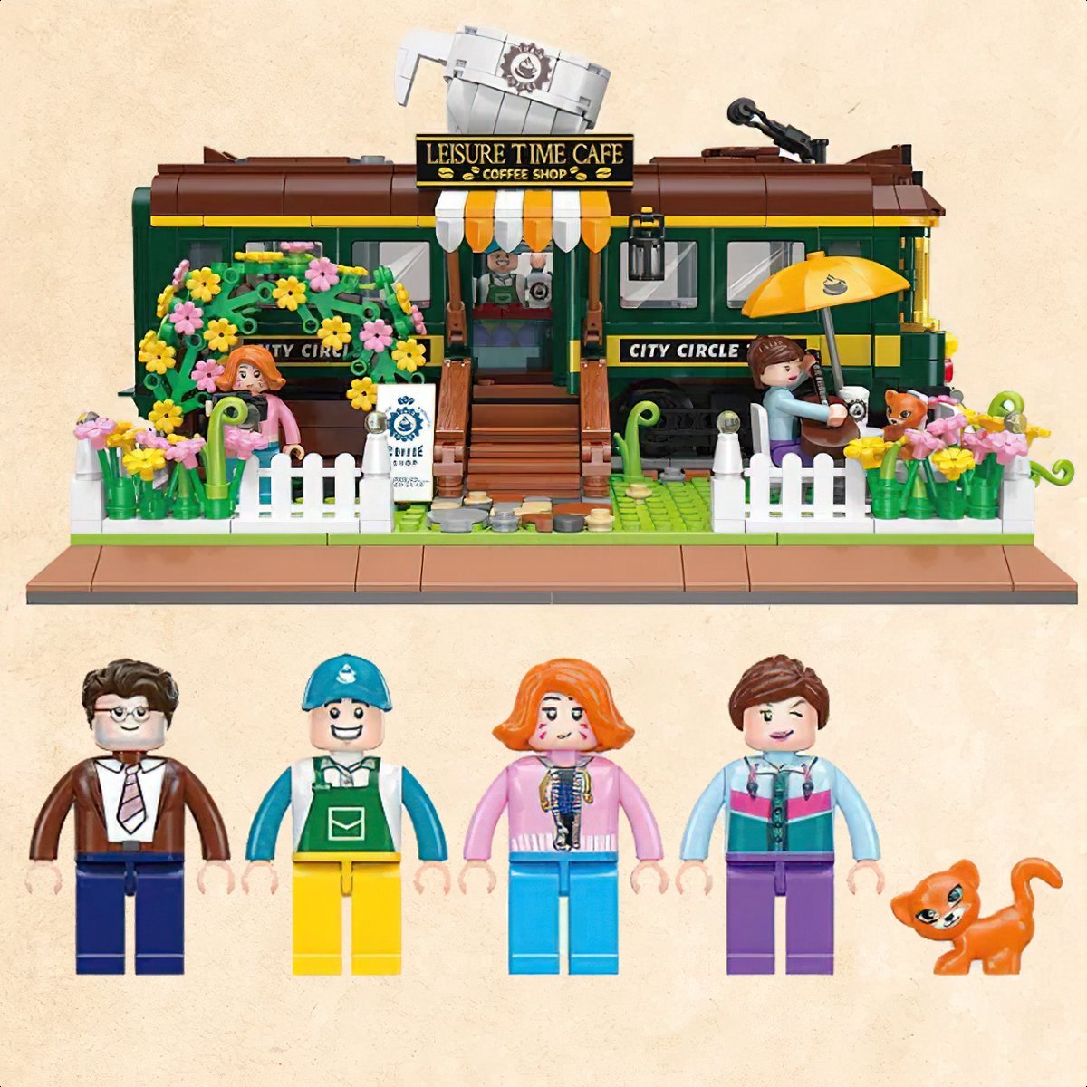 Zhe Gao DZ6002 Classic Trein Café bouwset incl. 4 minifigures | City & friends adventure Modelbouw | Educatief Creator speelgoed bouwpakketten voor kinderen & volwassenen | Bloemen foodtruck niet compatibel met lego | Bouwdoos met 1081 bouwstenen — afbeelding 12