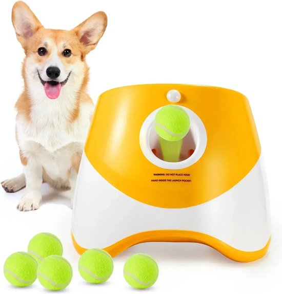 Foto: Automatische ballen werper honden ballen gooier honden speelgoed tennisballen gooier leuke interactieve worp oplaadbare katapult inclusief 3 tennisballen geel