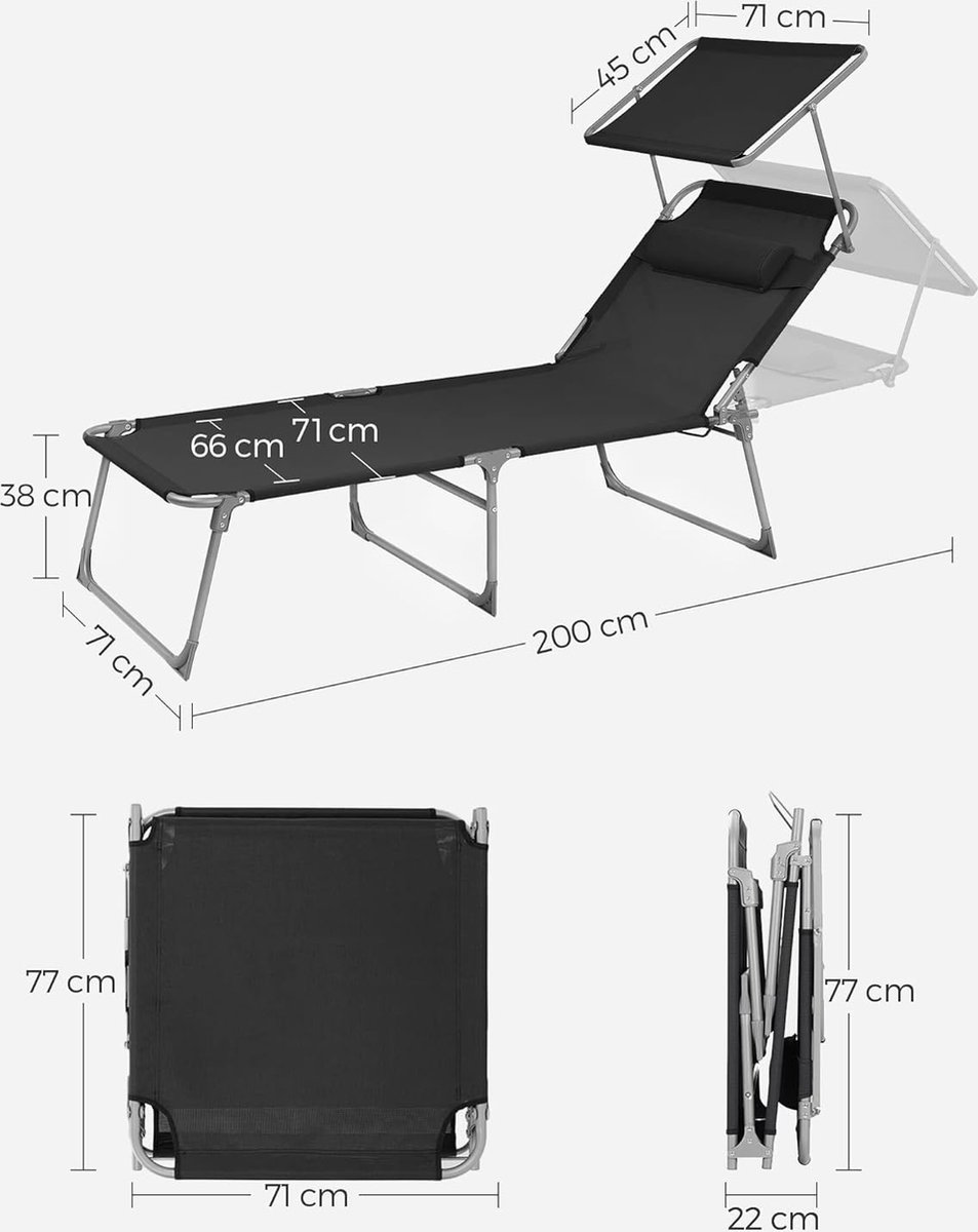 SONGMICS Grote ligstoel, opvouwbaar, ligstoel, 200 x 71 x 38 cm, draagvermogen 150 kg, met zonwering en verstelbare rugleuning, voor tuin, zwembad, terras, zwart GCB22BK